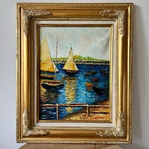 Vintage Gold Framed Oil Painting, Sailboat Running on Summer Sea Vibrant Blue